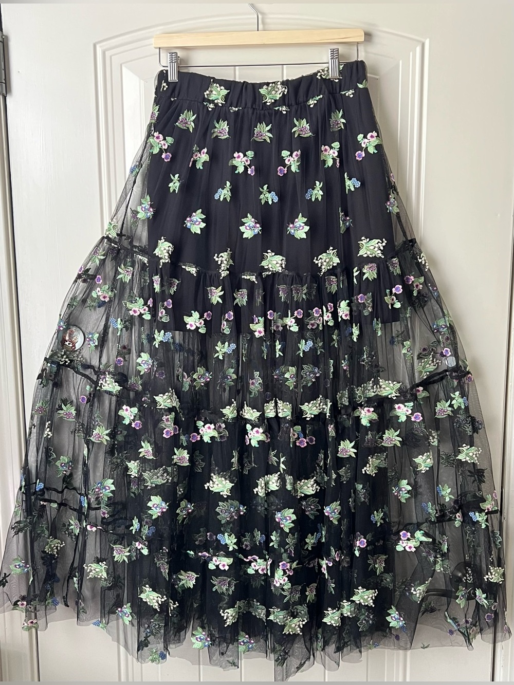 Maeve Anthropologie Sheer Embroidered Maxi Skirt Black Floral Tulle Size M - Picture 6 of 13